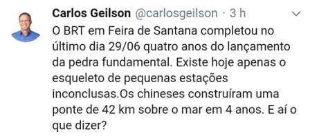 Carlos Geilson questiona demora na entrega do BRT de Feira de Santana