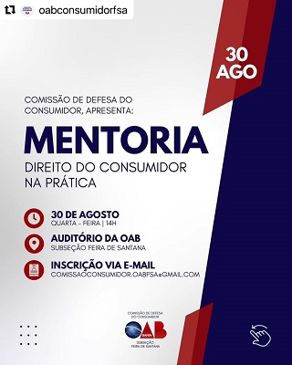 Mentoria de direito do consumidor na prática será realizada na OAB Feira este mês