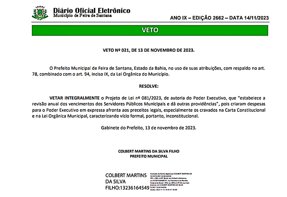 Prefeito veta projeto, aprovado pela Câmara, que reajusta salário dos servidores municipais